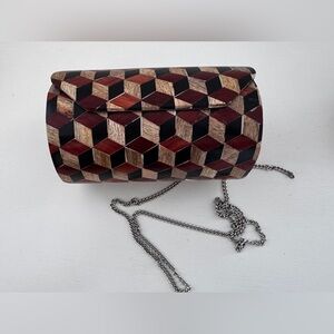 Box Bag Wood Barrel Clutch Geometric Patterned with Chain Strap